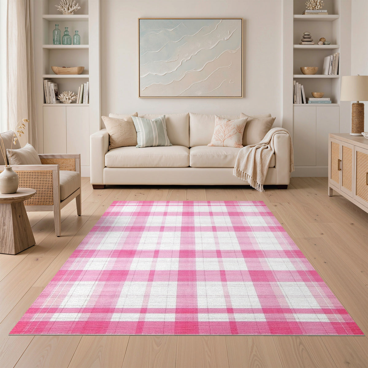 Pink Gingham Checkered Area Rug