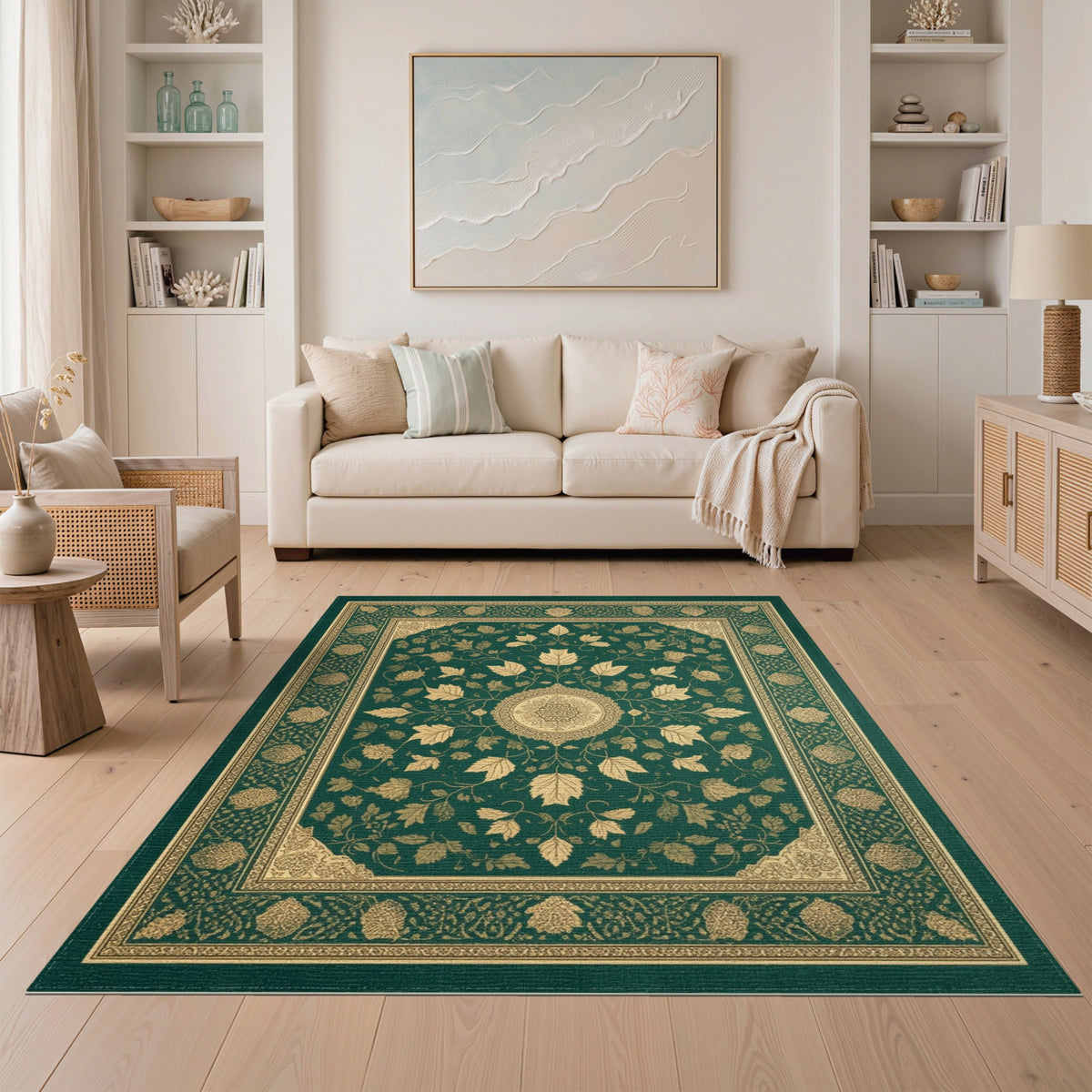 Traditional Persian Green Gold Persian Medallion Area Rug