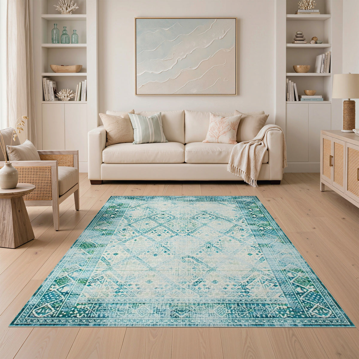 Distressed Blue Teal Vintage Geometric Area Rug