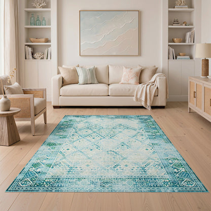 Distressed Blue Teal Vintage Geometric Area Rug