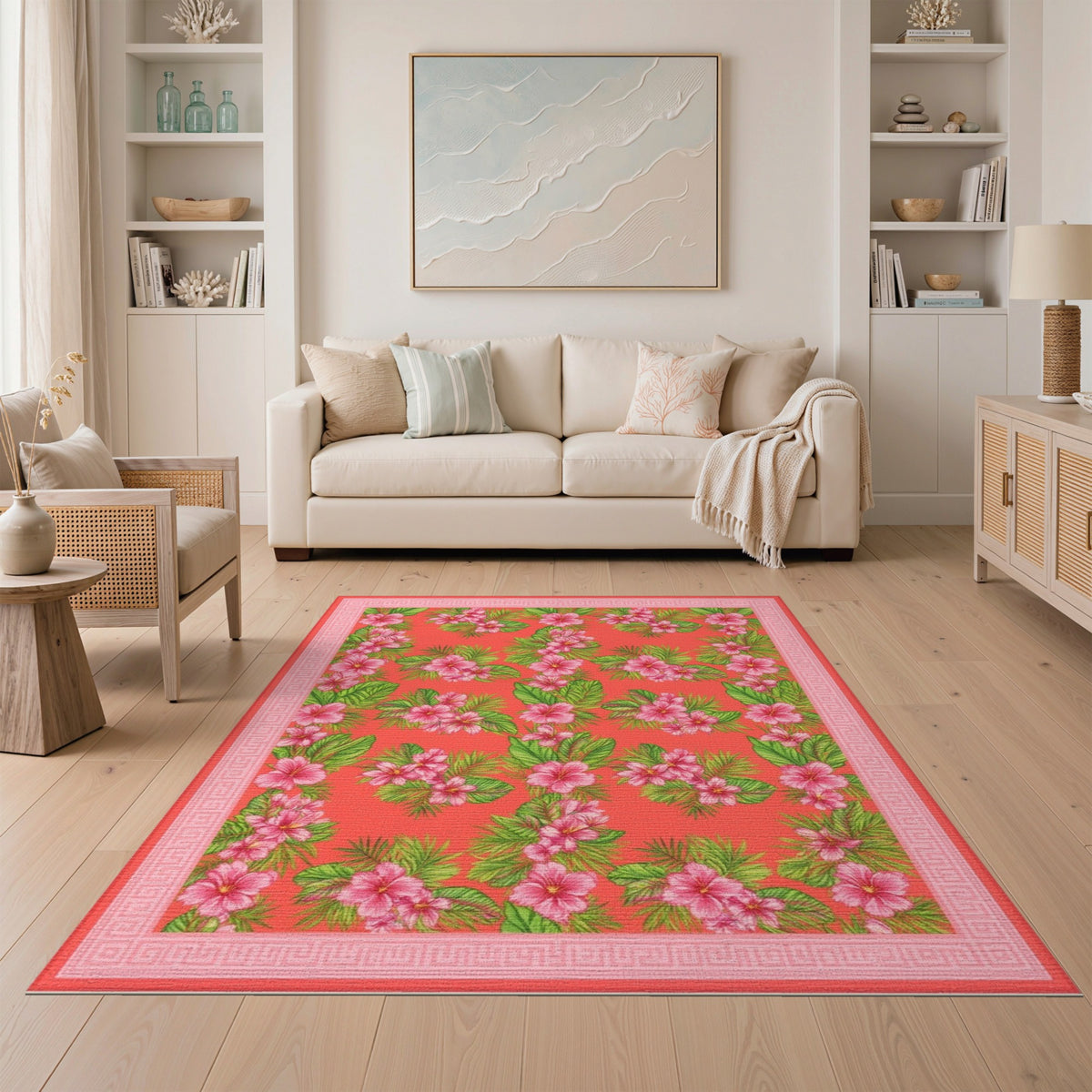 Red Pink Hibiscus Floral Vintage Area Rug