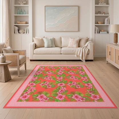Red Pink Hibiscus Floral Vintage Area Rug