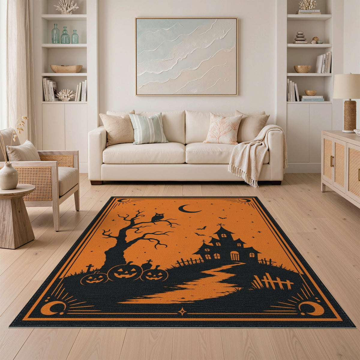 Orange Haunted House Halloween Orange Area Rug