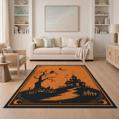 Orange Haunted House Halloween Orange Area Rug