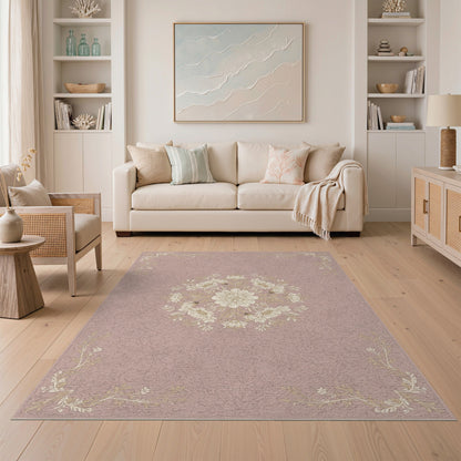Pink Floral Vintage Area Rug with Medallion