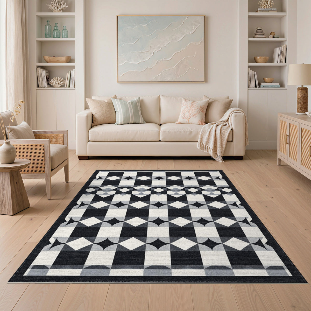 Black and White Geometric Modern Black White Geometric Checkered Area Rug