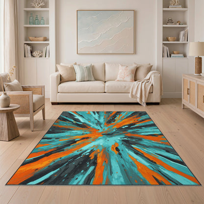 Teal Orange Abstract Burst Area Rug