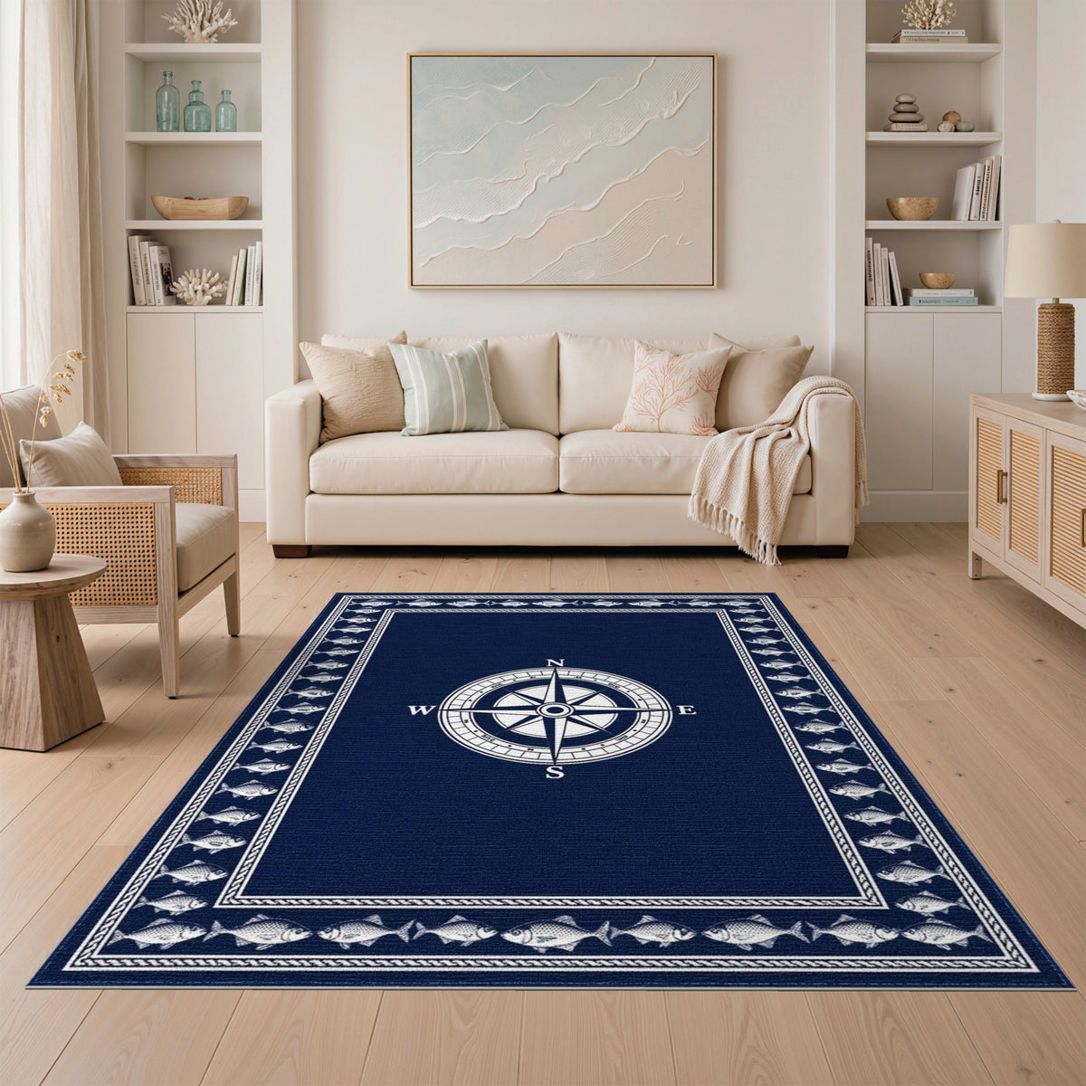 Navy Compass Fish Coastal Area Rug