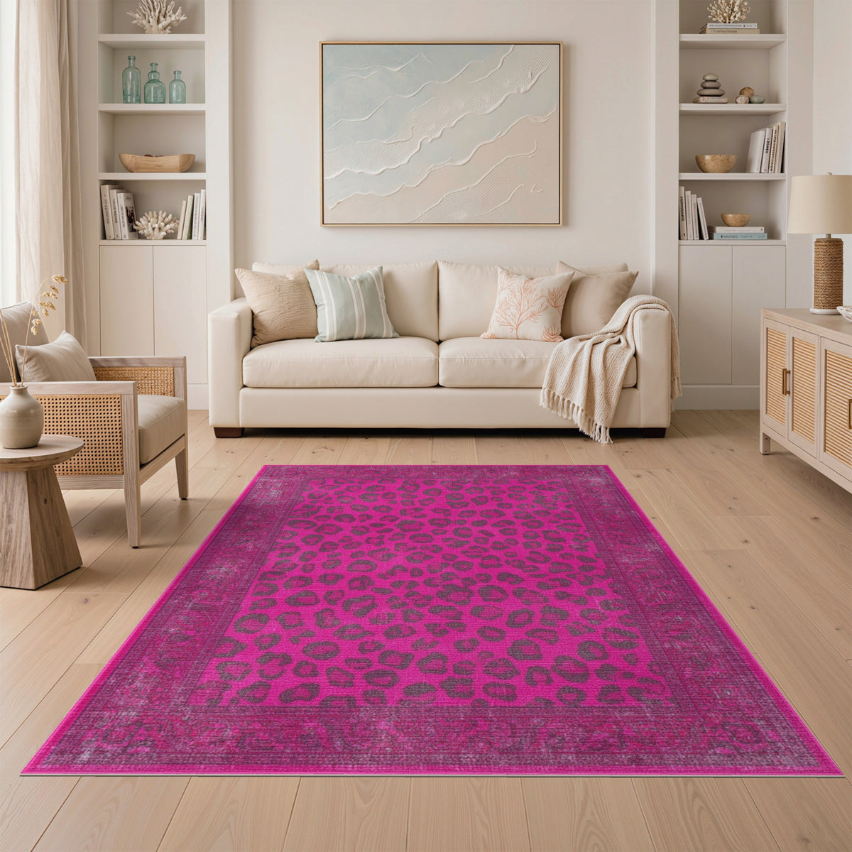 Pink Leopard Print Distressed Vintage Area Rug