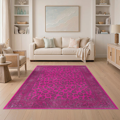 Pink Leopard Print Distressed Vintage Area Rug