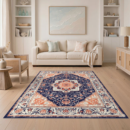 Navy Blue Floral Persian Area Rug