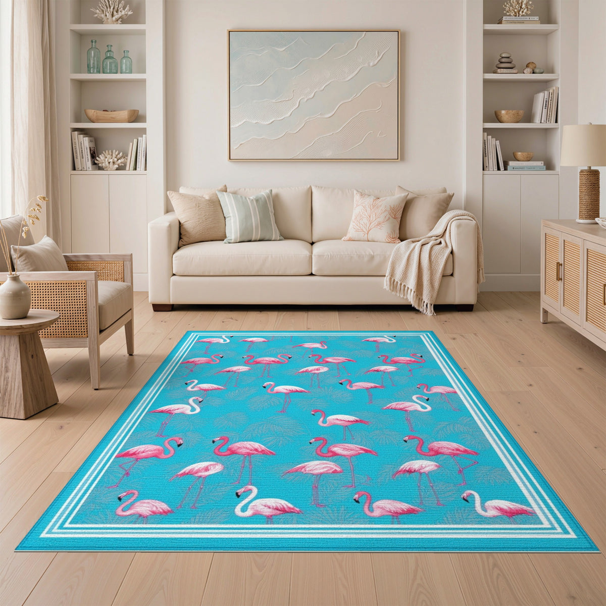 Pink Flamingo Blue Coastal Area Rug