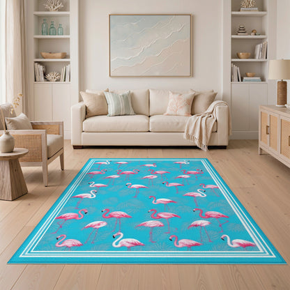 Pink Flamingo Blue Coastal Area Rug