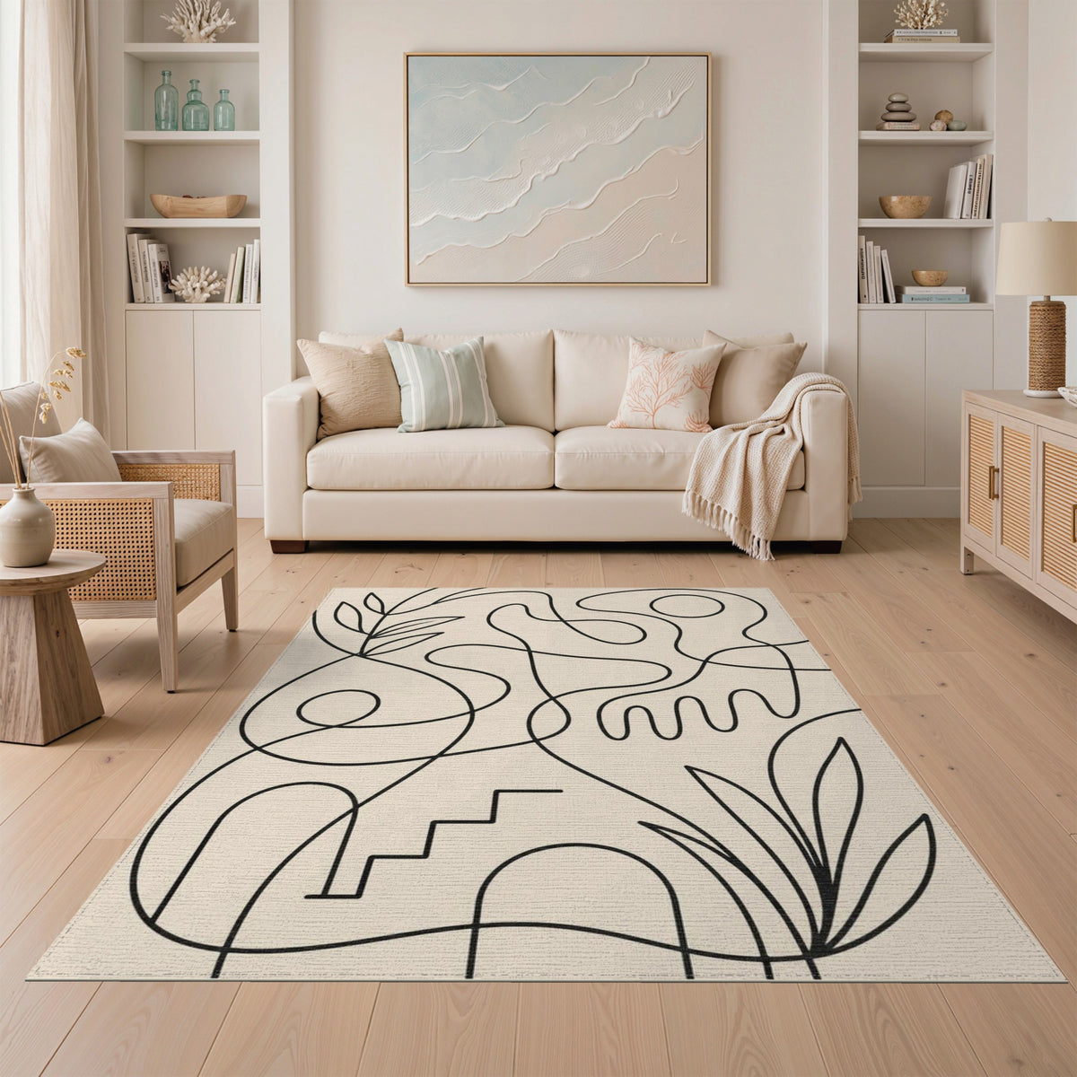 Abstract Area Abstract Line Art Beige Area Rug