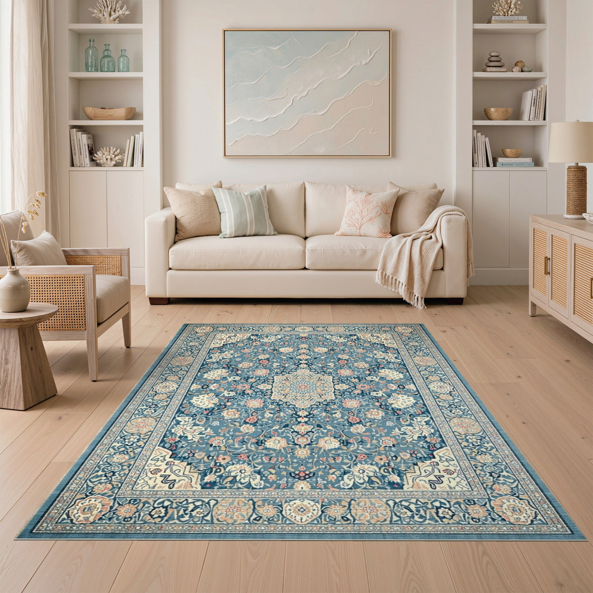 Traditional Persian Blue and Teal Blue Floral Persian Medallion Area Rug