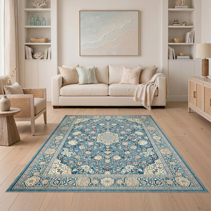 Traditional Persian Blue and Teal Blue Floral Persian Medallion Area Rug