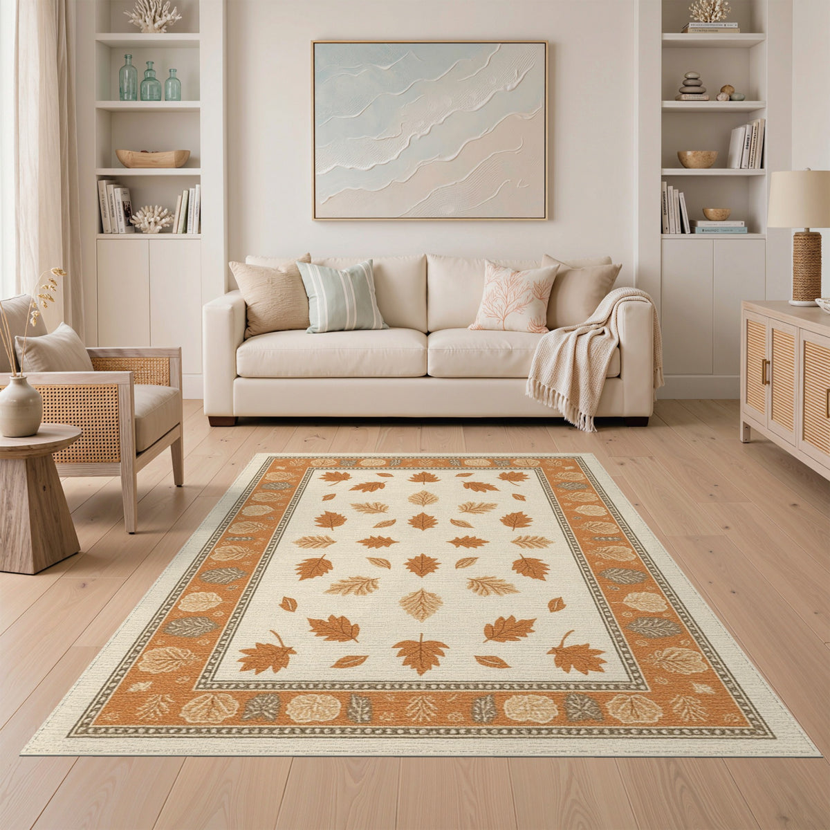 Beige Brown Leaf Border Area Rug