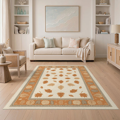 Beige Brown Leaf Border Area Rug