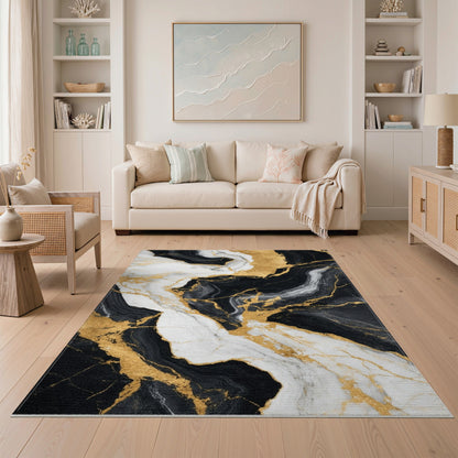 Abstract Area Black and White Black White Gold Marble Area Rug