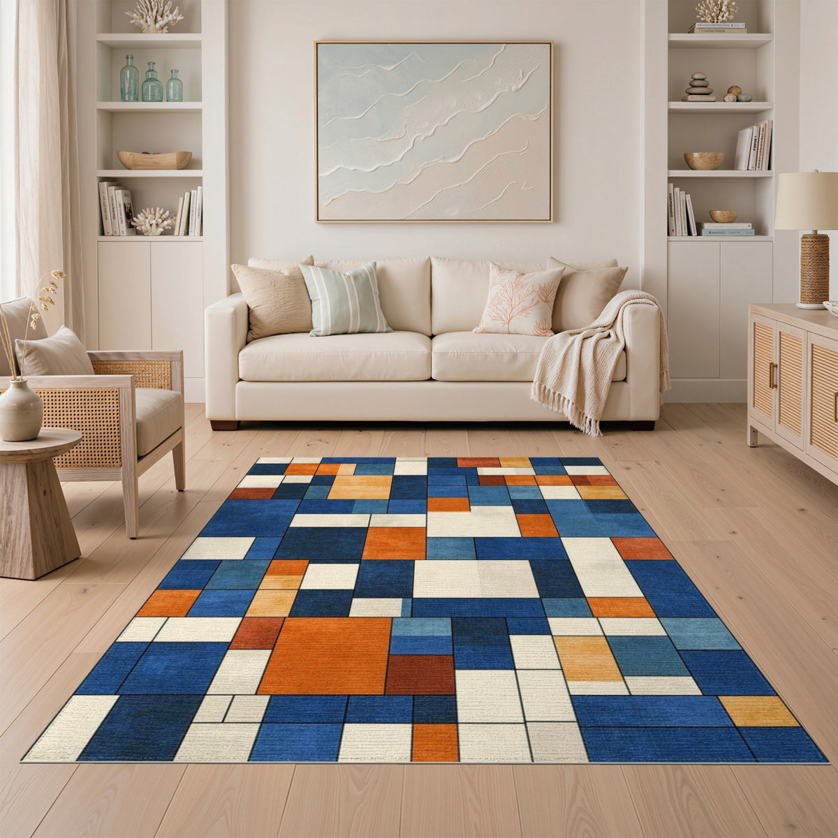 Blue Orange Geometric Modern Area Rug