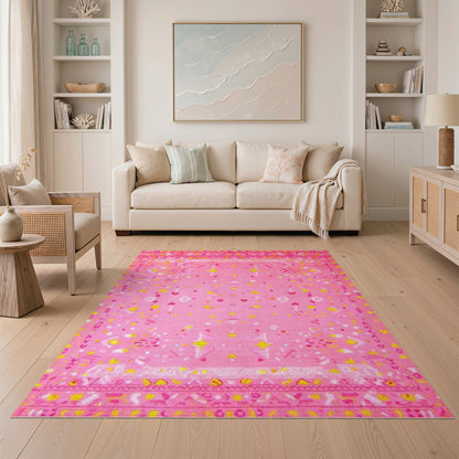 Pink Kids Area Rug with Hearts and Stars