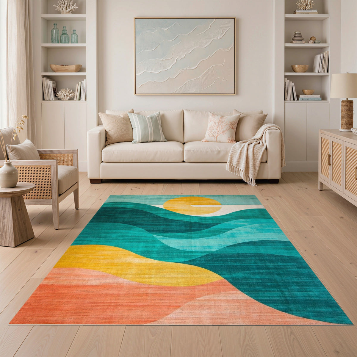 Blue Teal Abstract Wave Area Rug