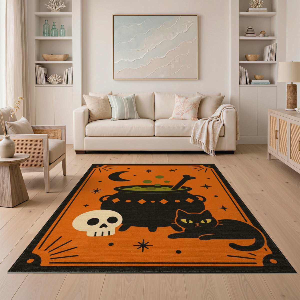 Halloween Cauldron Black Cat Orange Area Rug