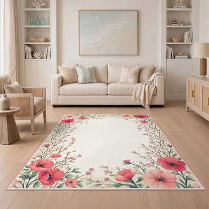 Floral Vintage Pink Poppy Floral Vintage Area Rug