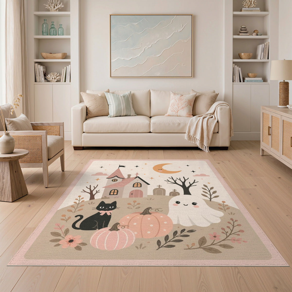 Beige and Neutral Whimsical Halloween Ghost Cat Area Rug