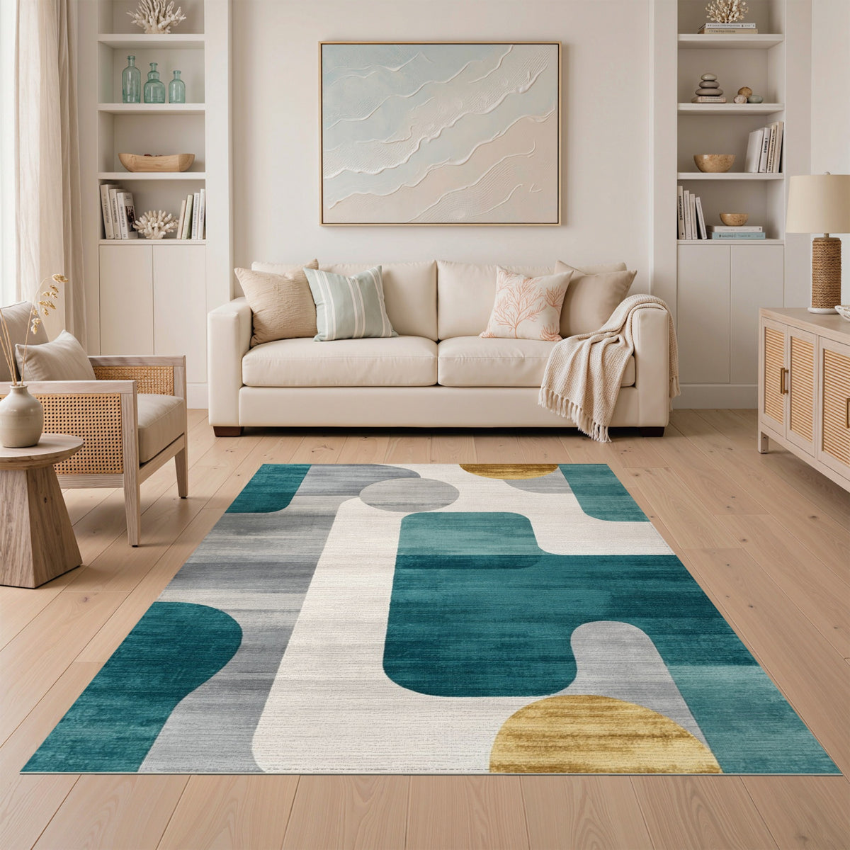 Teal Geometric Area Rug with Gold Accents