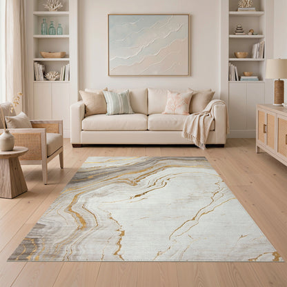 White Gold Marble Swirl Area Rug