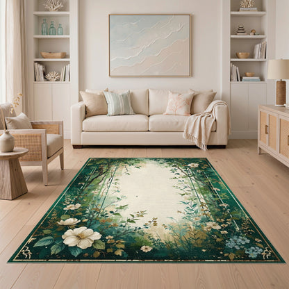 Green Floral Vintage Washable Floral Vintage Area Rug
