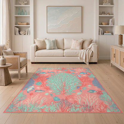 Coastal Beach Pink Coral Reef Coastal Area Rug