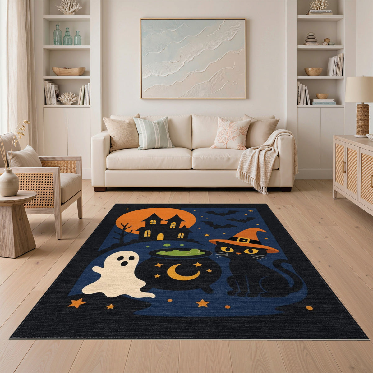 Spooky Halloween Witch Cat Area Rug
