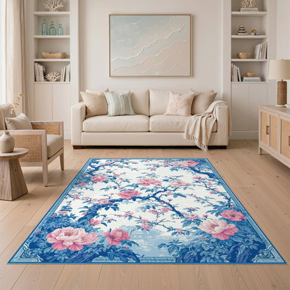 Blue Peony Floral Washable Area Rug