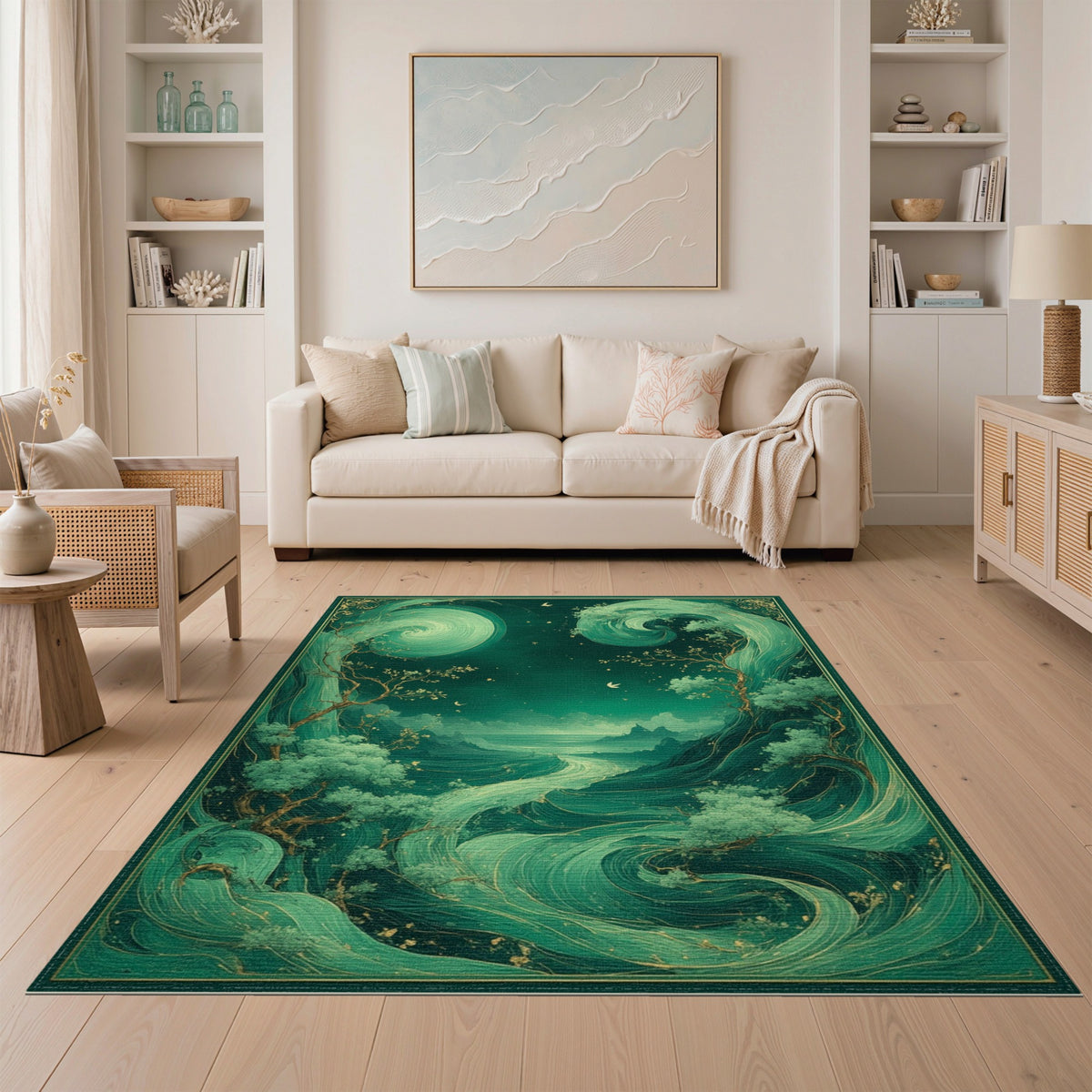 Ethereal Teal Swirl Abstract Area Rug