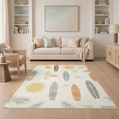 Coastal Surfboard Beige Washable Area Rug