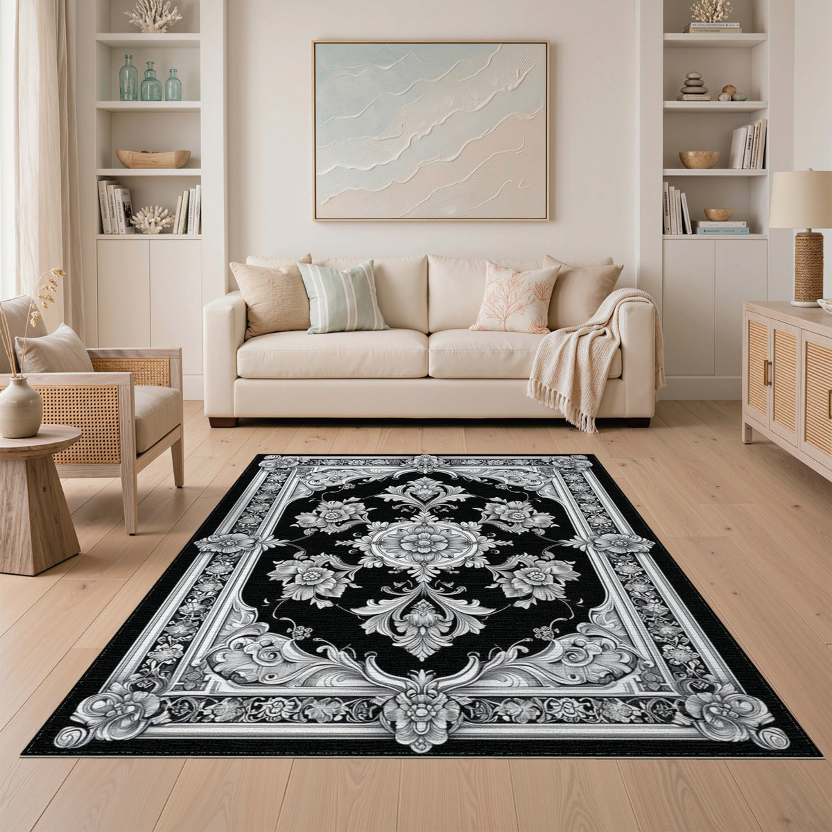 Black White Ornate Floral Vintage Rug