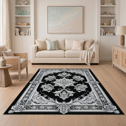Black White Ornate Floral Vintage Rug