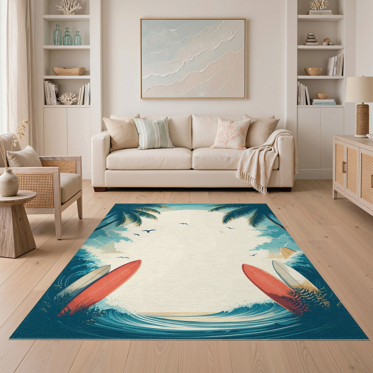 Blue and Teal Coastal Beach Surfboard Washable Area Rug