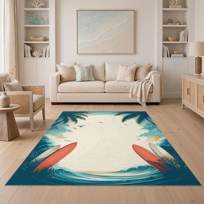 Blue and Teal Coastal Beach Surfboard Washable Area Rug