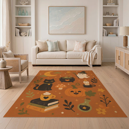 Halloween Orange Cartoon Rug with Black Cat and Pumpkin