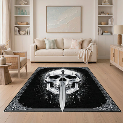 Gothic Skull Sword Black White Area Rug