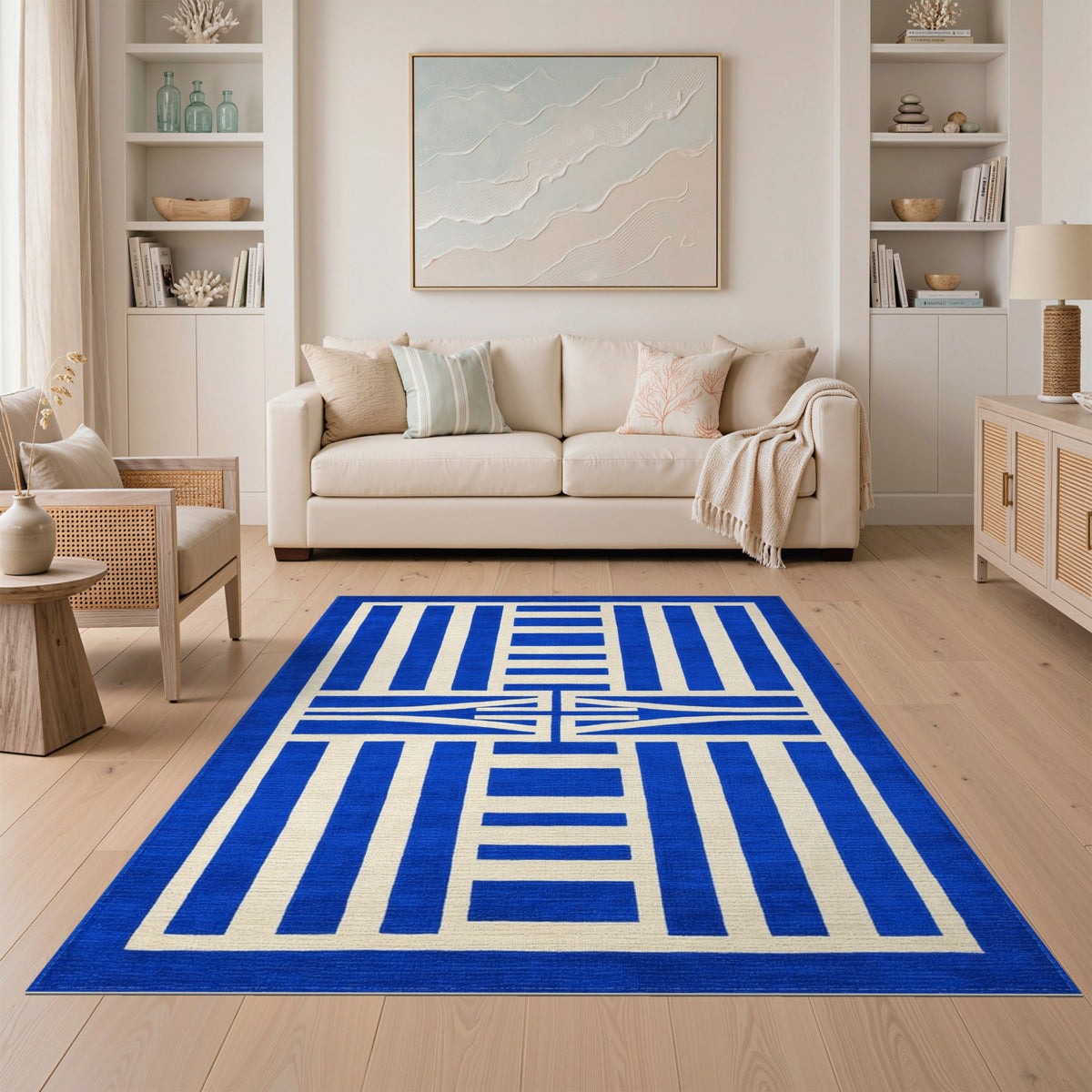 Blue Geometric Area Rug with Ivory Accents