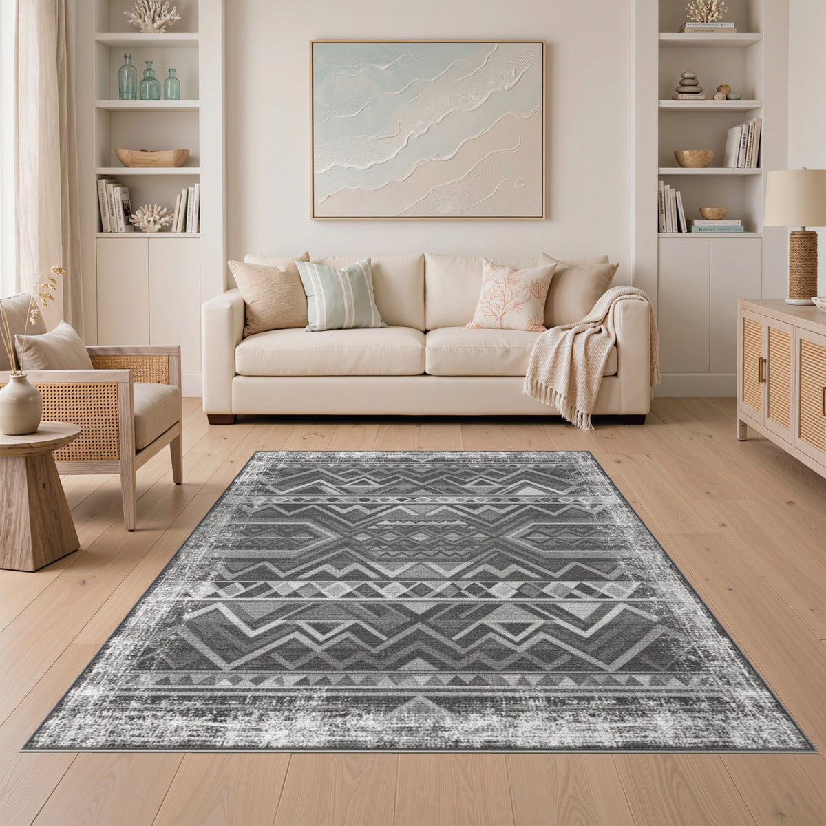 Distressed Black White Tribal Area Rug