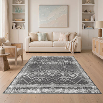 Distressed Black White Tribal Area Rug