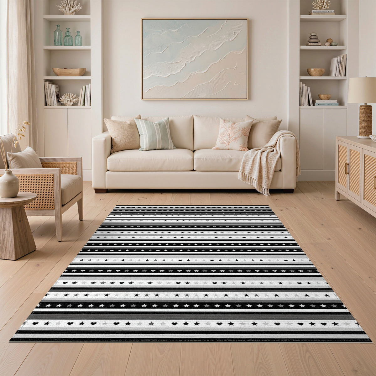 Black White Striped Stars and Hearts Area Rug