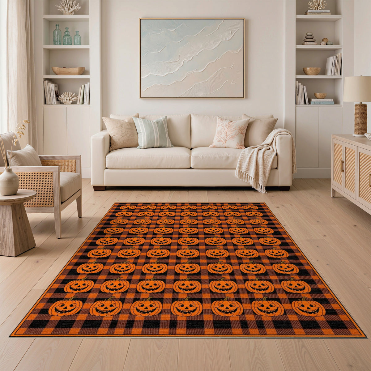 Orange Pumpkin Plaid Kids Area Rug