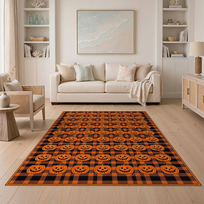 Orange Pumpkin Plaid Kids Area Rug