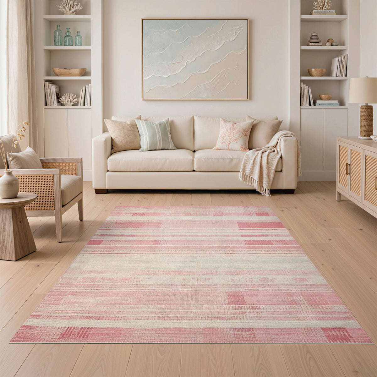 Pink Distressed Striped Area Rug